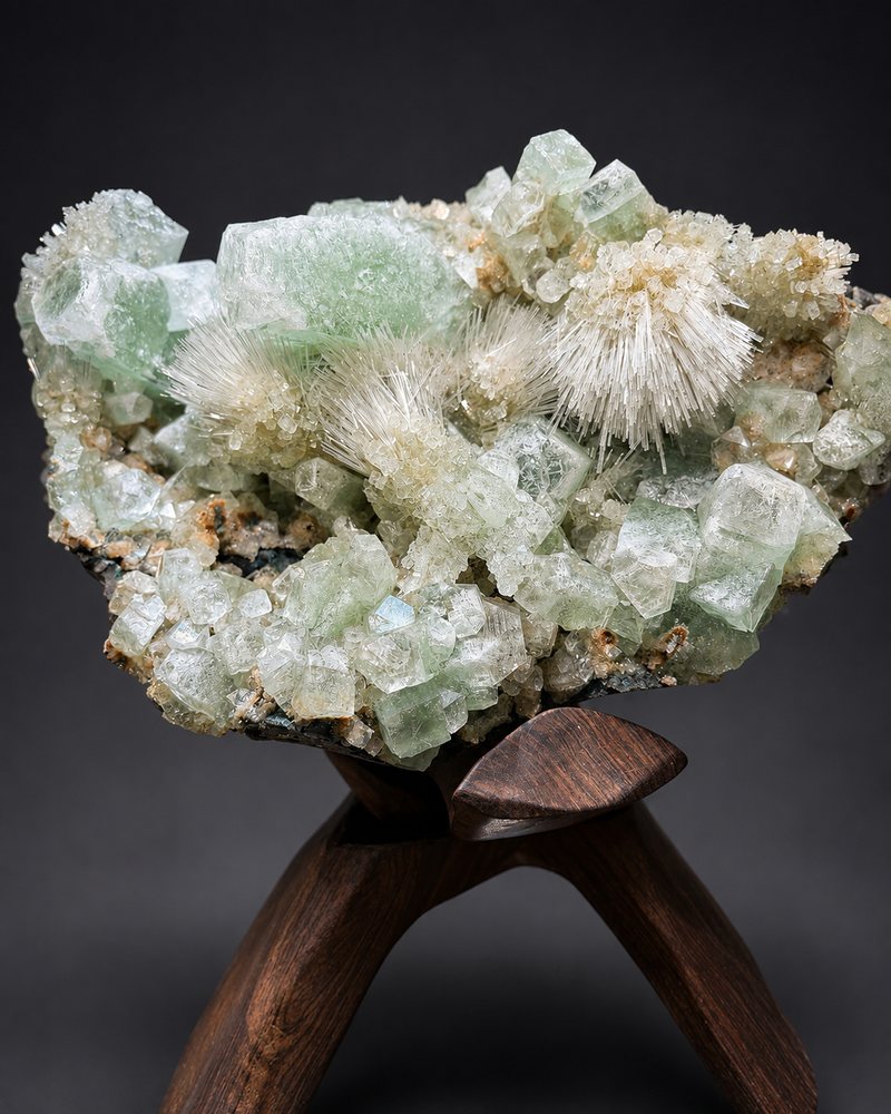 Green fluorite crystal cluster on a carved wooden stand